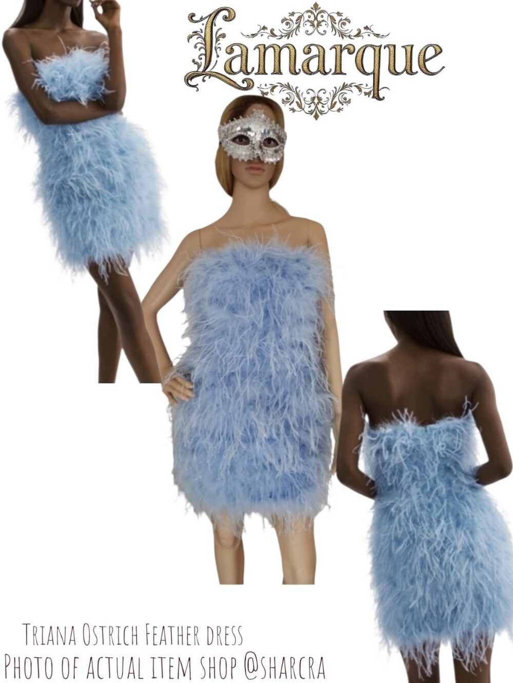 Lamarque Triana Ostrich Feather dress Baby blue strapless cocktail mini Women S